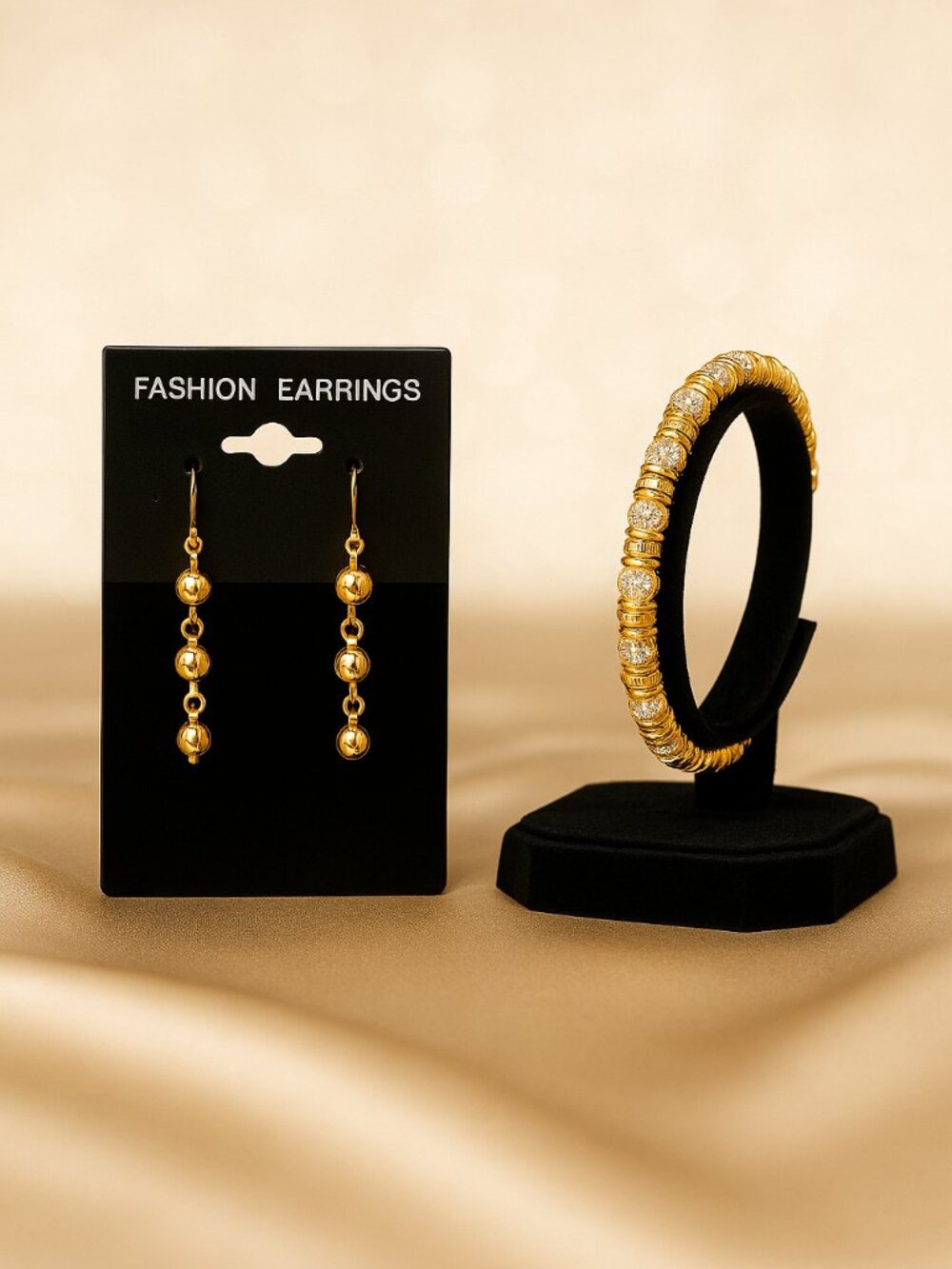 Gold Beaded Earrings & Bracelet Set Handmade